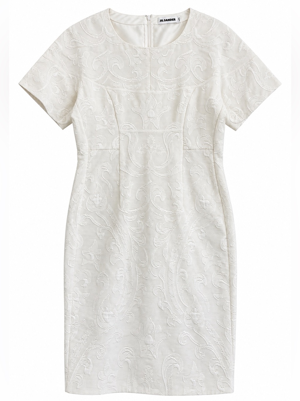 Jil Sander White Jacquard Textured Short Sleeve Dress Made in Italy